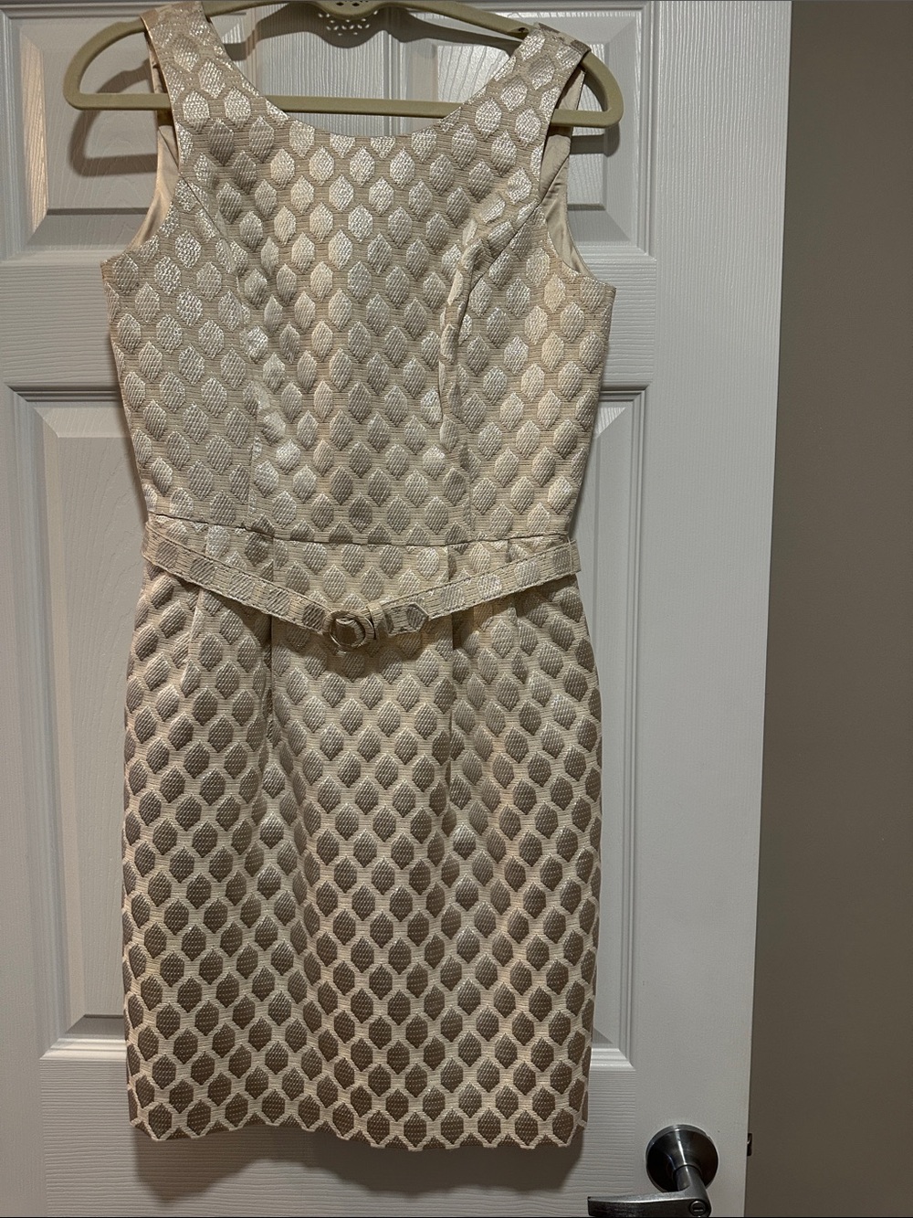 Sleeveless Textured Shimmery Belted Sheath Dress in Ivory